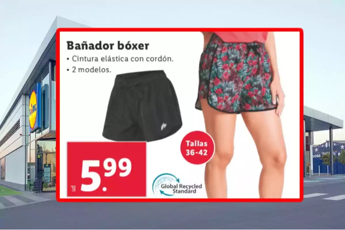 Publicitat de banyador bóxer per a dona en dos models, un de negre i un altre amb estampat floral, amb un preu de 5,99 euros i talles disponibles de la 36 a la 42 en una botiga Lidl.