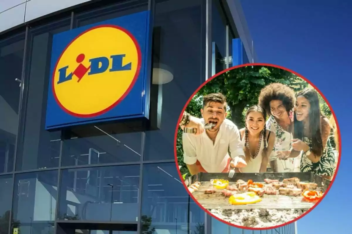 Un supermercat Lidl amb un grup de persones gaudint d?una graellada en un cercle superposat.