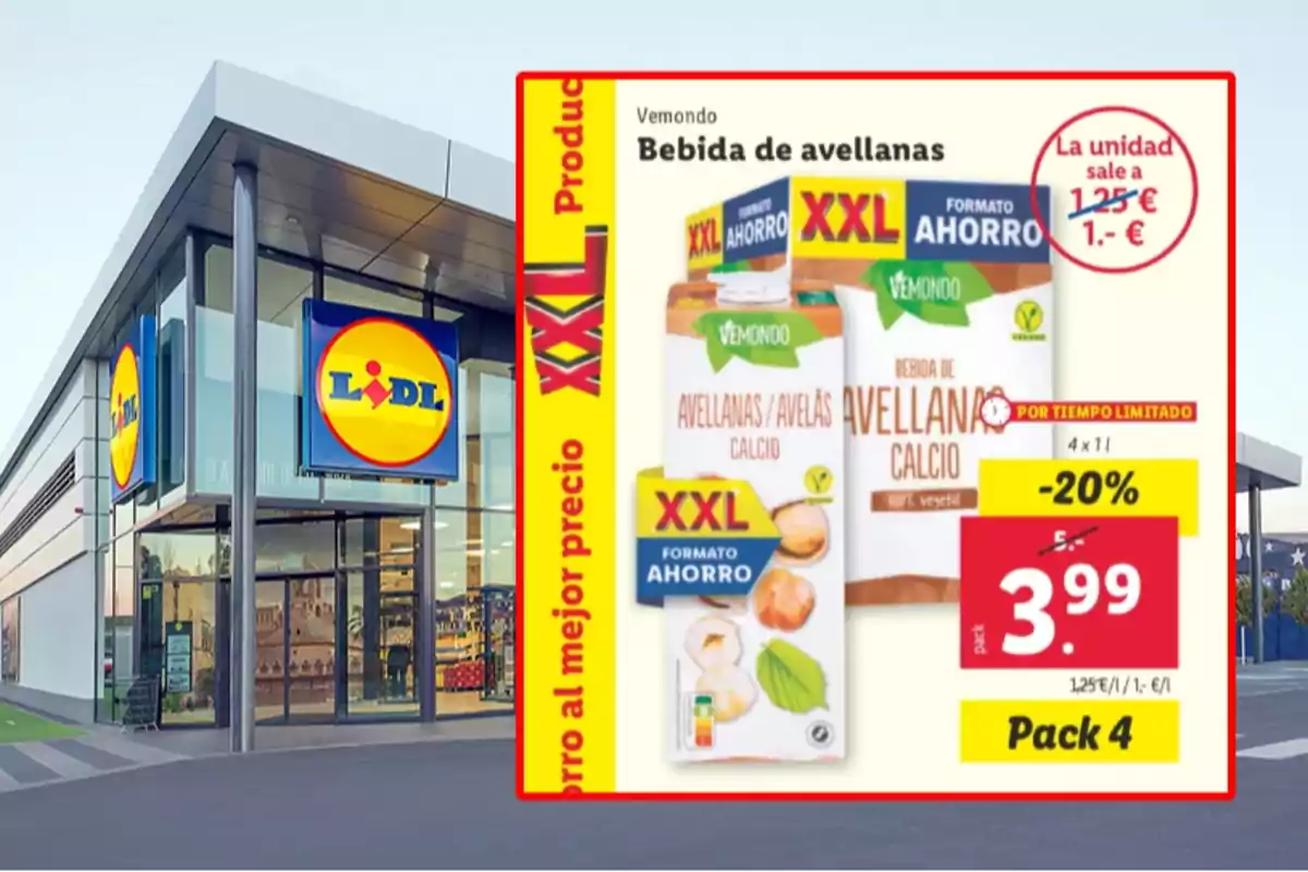 Imatge d'una botiga Lidl amb un anunci de beguda d'avellanes Vemondo en format estalvi XXL, destacant un descompte del 20% i un preu de 3,99 euros per un paquet de quatre unitats. Imatge d'una botiga Lidl amb un anunci de beguda d'avellanes Vemondo en format estalvi XXL, destacant un descompte del 20% i un preu de 3,99 euros per un paquet de quatre unitats.