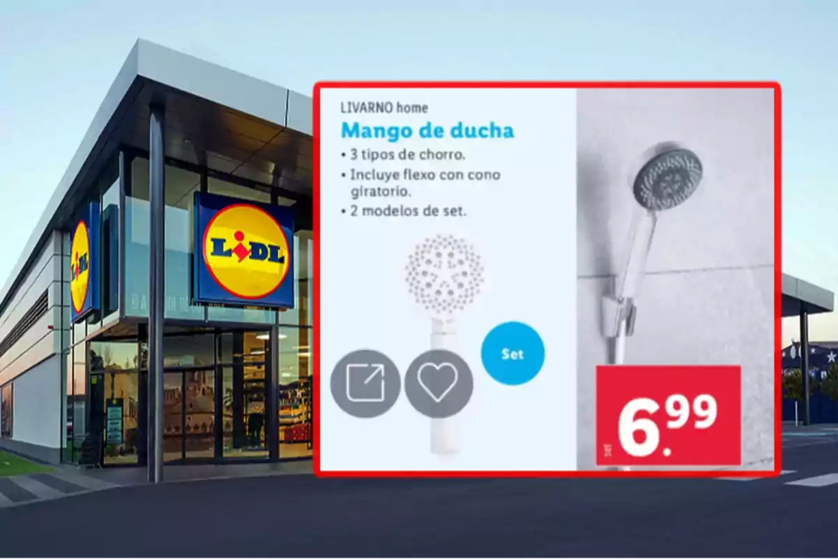 La imatge mostra la façana d'una botiga Lidl amb un cartell promocional d'una mànega de dutxa Livarno Home que té un preu de 6,99 euros.