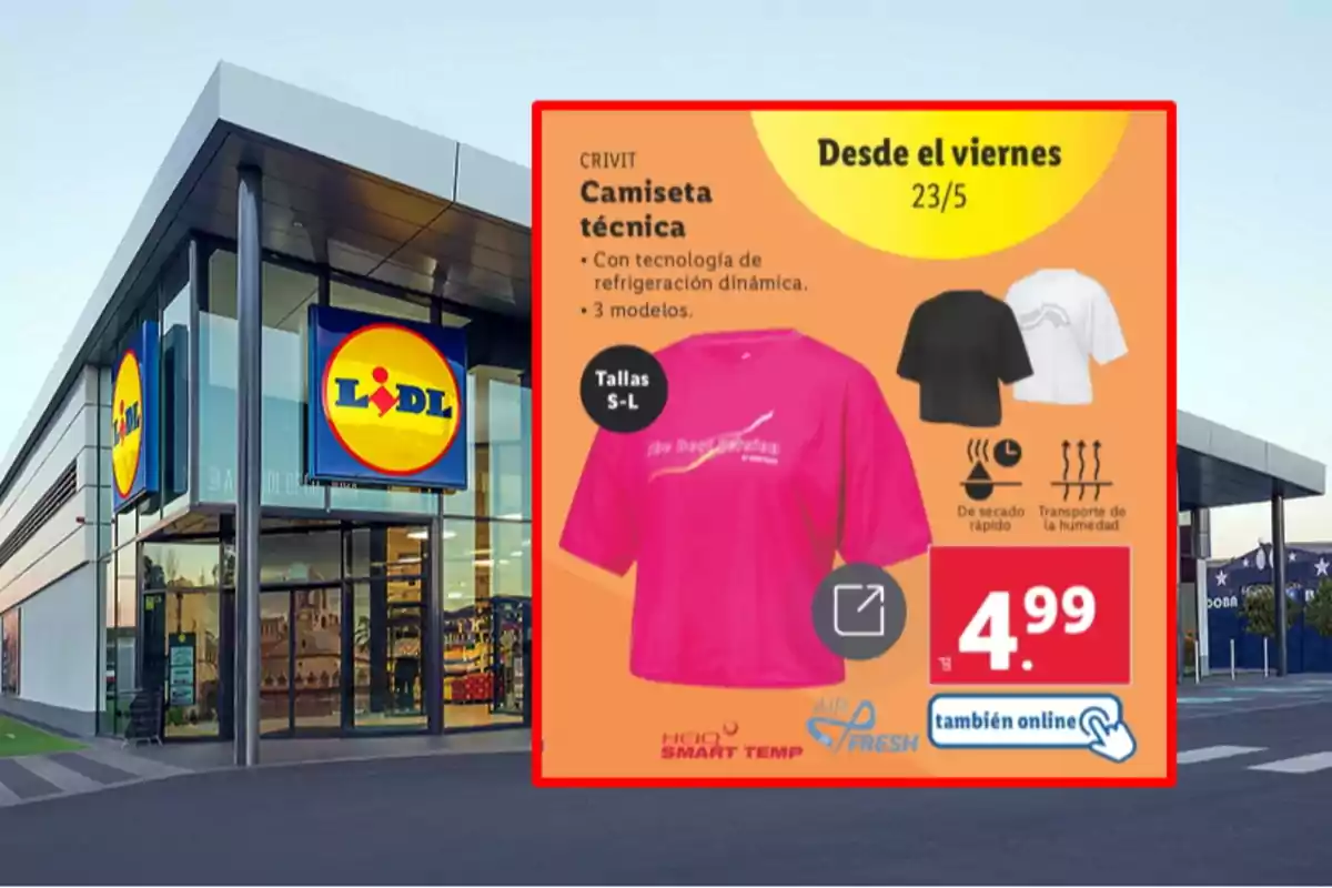 Una botiga de Lidl amb un cartell promocional de samarretes tècniques que estaran disponibles des del divendres 23 de maig a un preu de 4,99 euros.