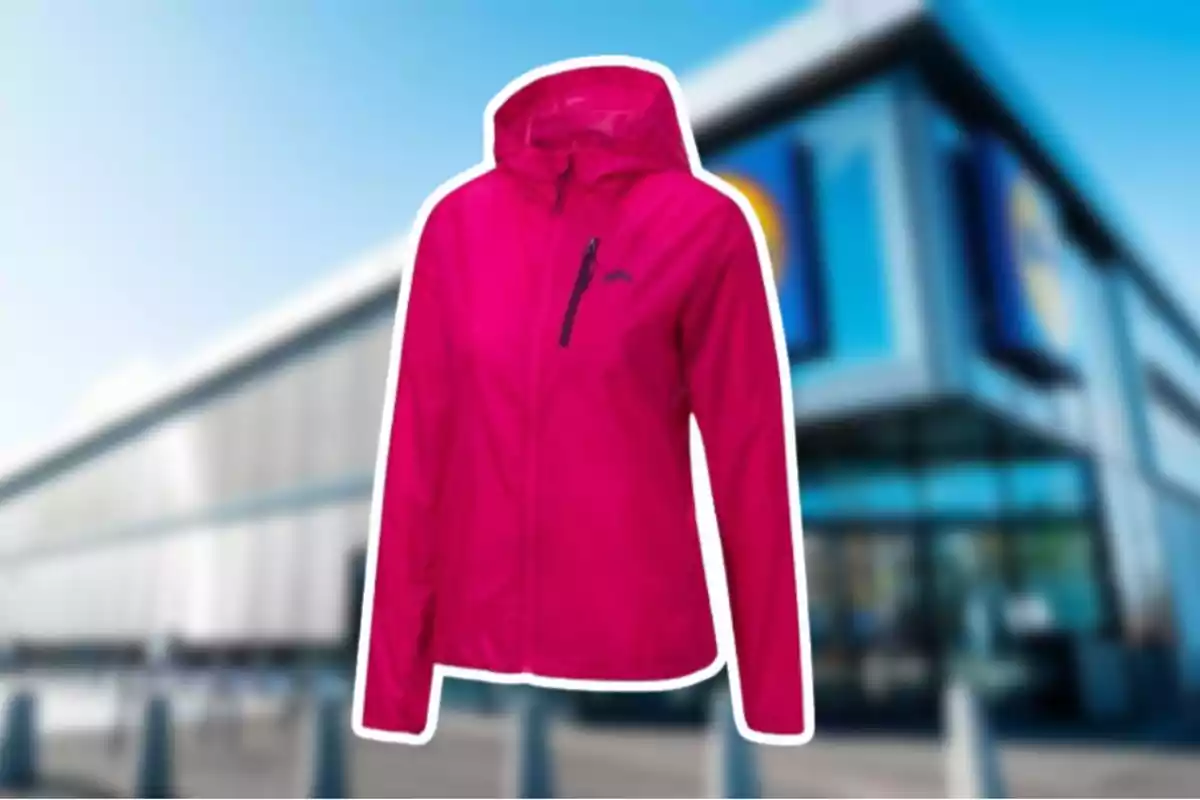 Una jaqueta rosa amb caputxa davant d'un edifici modern. Una jaqueta rosa amb caputxa davant d'un edifici modern.