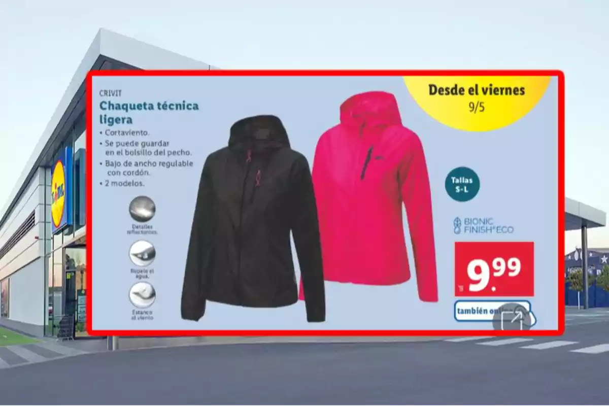 Anunci de jaquetes tècniques lleugeres de la marca Crivit en dos models, negre i rosa, amb característiques com a tallavent, repel·lent a l'aigua i detalls reflectants, disponibles en talles S a L per 9,99 euros, a la venda des de divendres 9 de maig en una botiga Lidl. Anunci de jaquetes tècniques lleugeres de la marca Crivit en dos models, negre i rosa, amb característiques com a tallavent, repel·lent a l'aigua i detalls reflectants, disponibles en talles S a L per 9,99 euros, a la venda des de divendres 9 de maig en una botiga Lidl.
