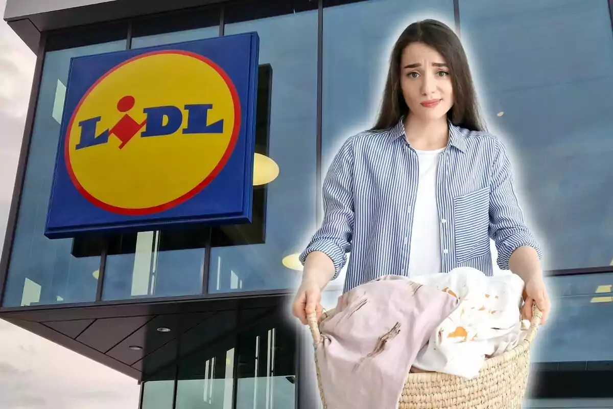 Dona amb expressió preocupada sostenint una cistella de roba bruta davant d'una botiga Lidl.