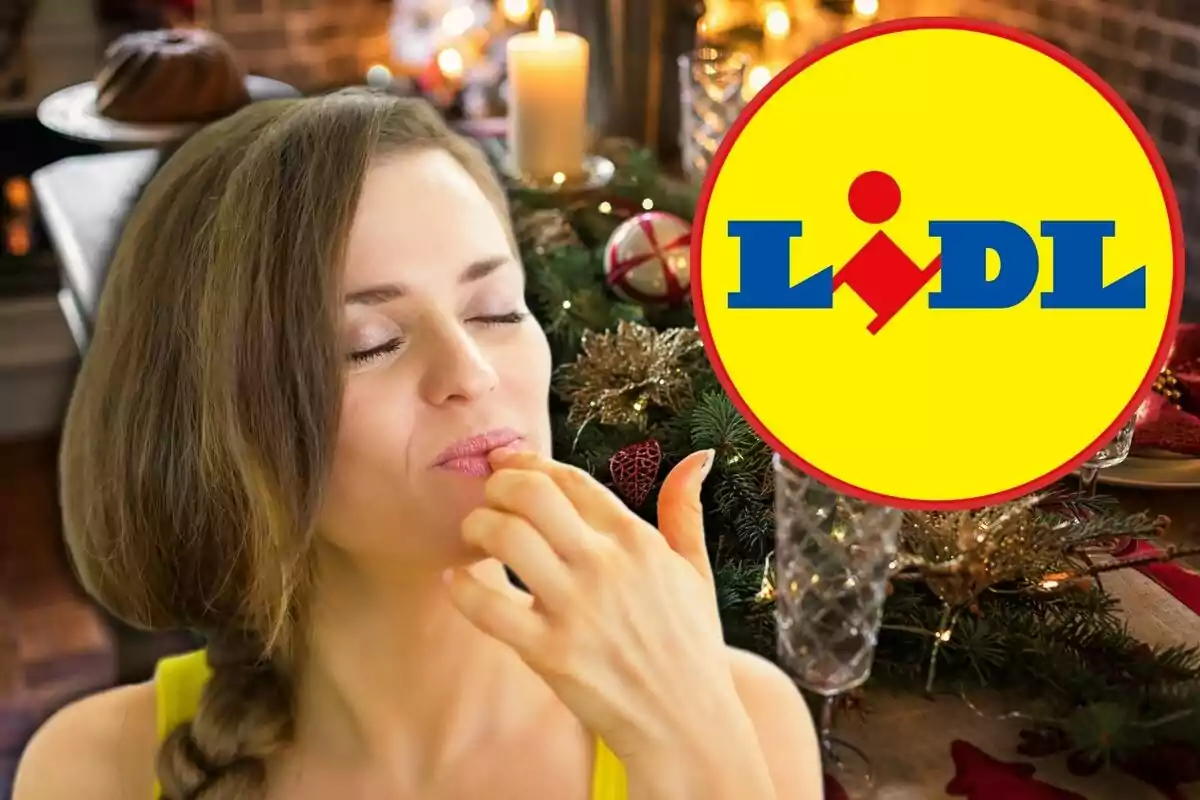 Una dona gaudint d'un àpat nadalenc amb el logotip de Lidl en primer pla.