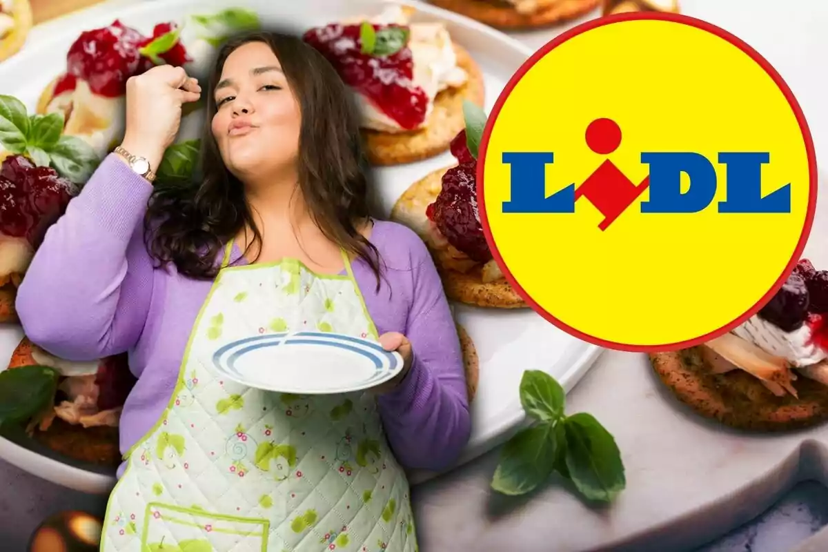 Una persona amb davantal sosté un plat buit mentre fa un gest de satisfacció davant d'una imatge d'aperitius i el logotip de Lidl.