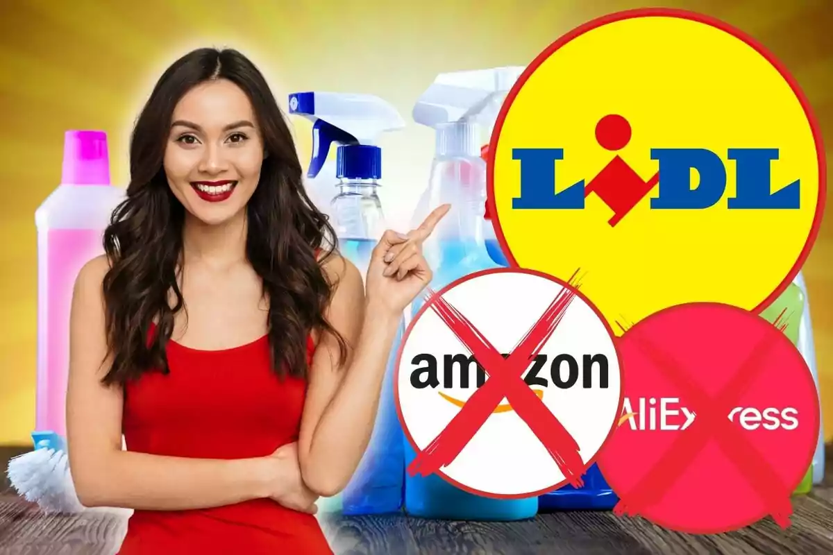 Una dona somrient assenyala cap al logotip d'una botiga envoltada de productes de neteja.