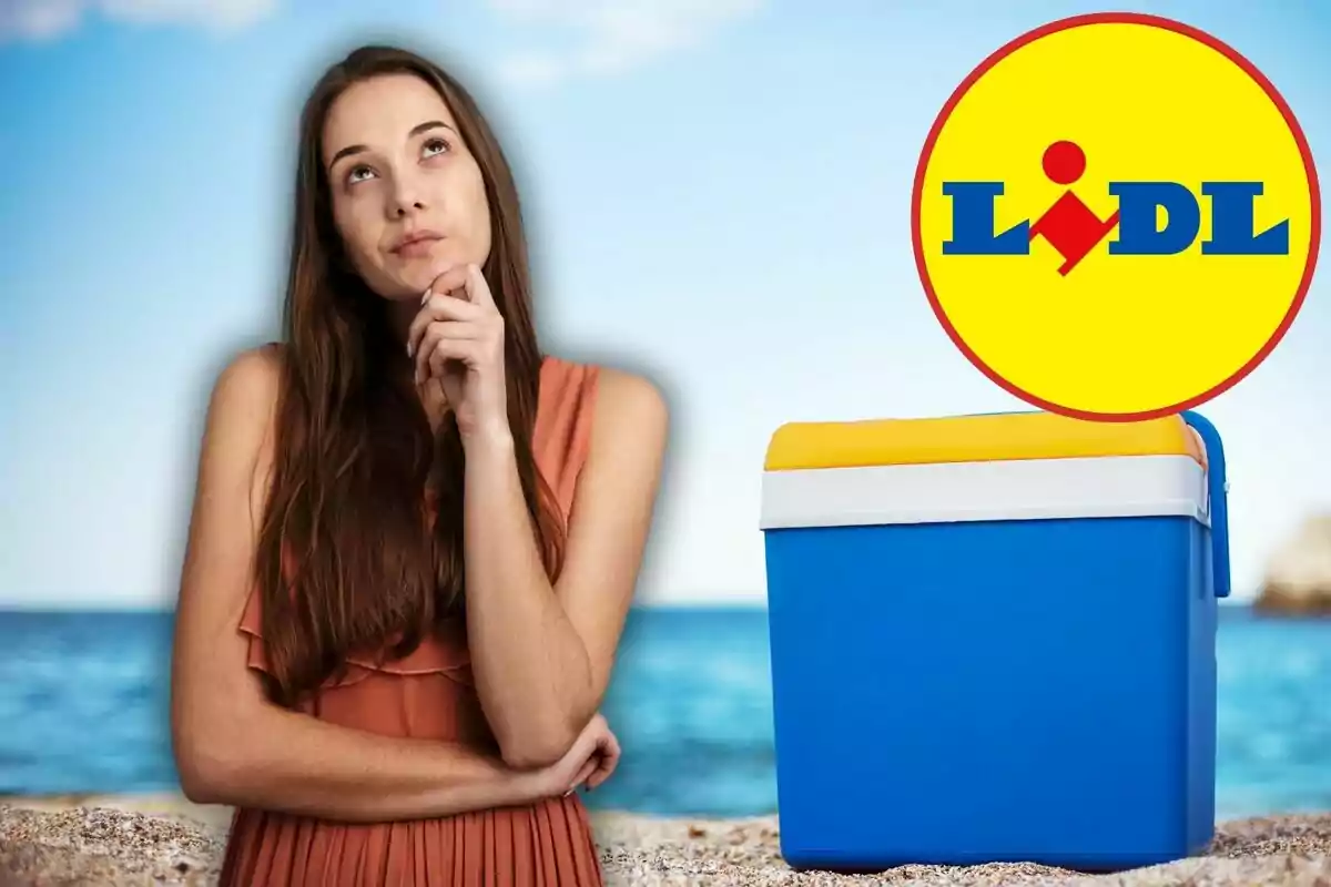 Una dona pensativa al costat d'una nevera portàtil blava a la platja amb el logotip d'una botiga a la cantonada superior dreta.