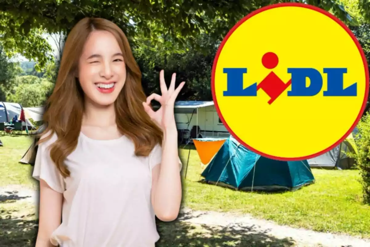 Una persona somrient i fent un gest d'aprovació amb la mà davant d'un fons de campament amb el logotip de Lidl.