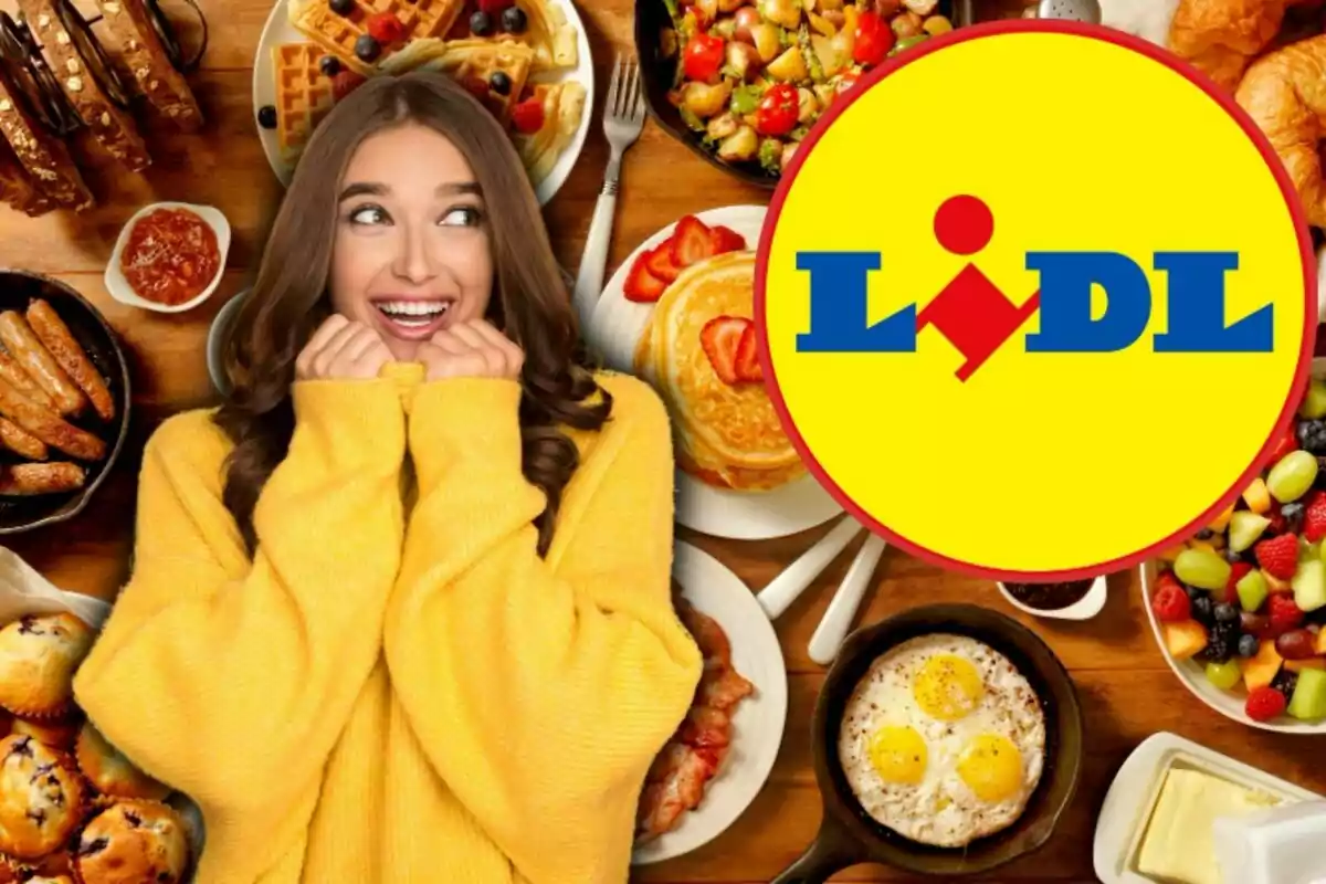 Una dona somrient amb un suèter groc està envoltada d'un esmorzar variat que inclou waffles, fruites, ous ferrats i salsitxes, al costat del logotip de Lidl.