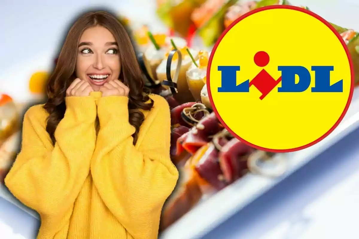 Dona somrient amb suèter groc davant d'un fons de menjar i el logotip de Lidl.