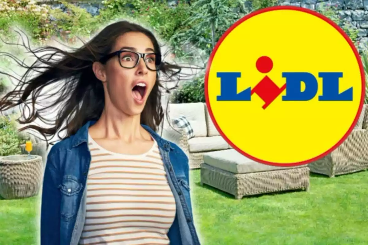Una dona amb expressió de sorpresa és en un jardí al costat del logotip de Lidl.
