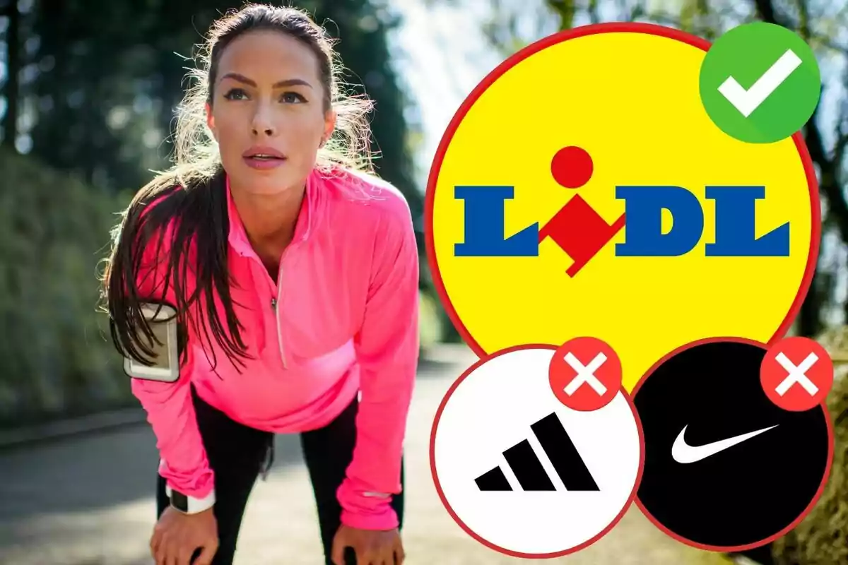 Dona amb roba esportiva rosa brillant, amb logotips de marques esportives i un símbol de verificació al costat del logotip de Lidl.