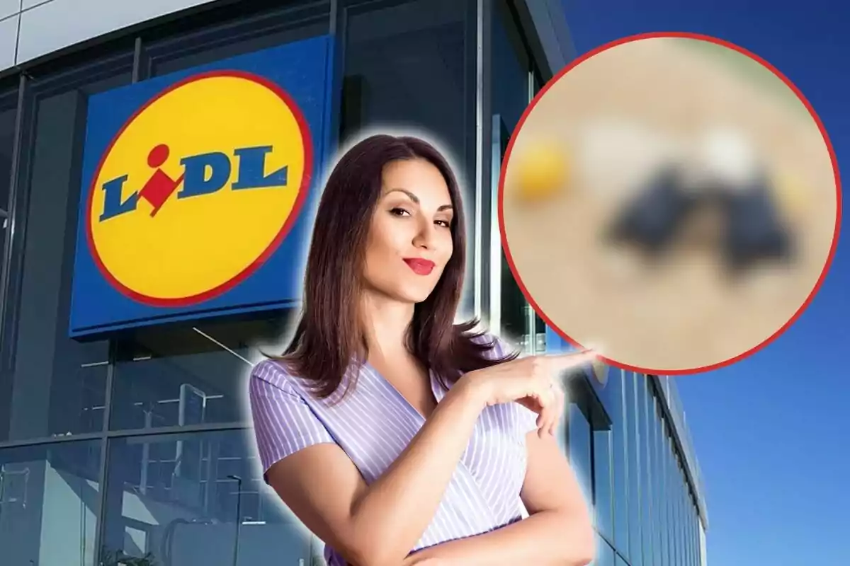 Una dona assenyalant una imatge borrosa amb el logotip de Lidl al fons.