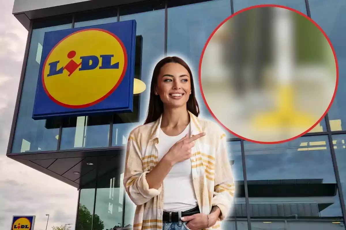 Una dona somrient assenyala cap a un logotip de Lidl a la façana d'una botiga, amb un cercle borrós a la cantonada superior dreta.