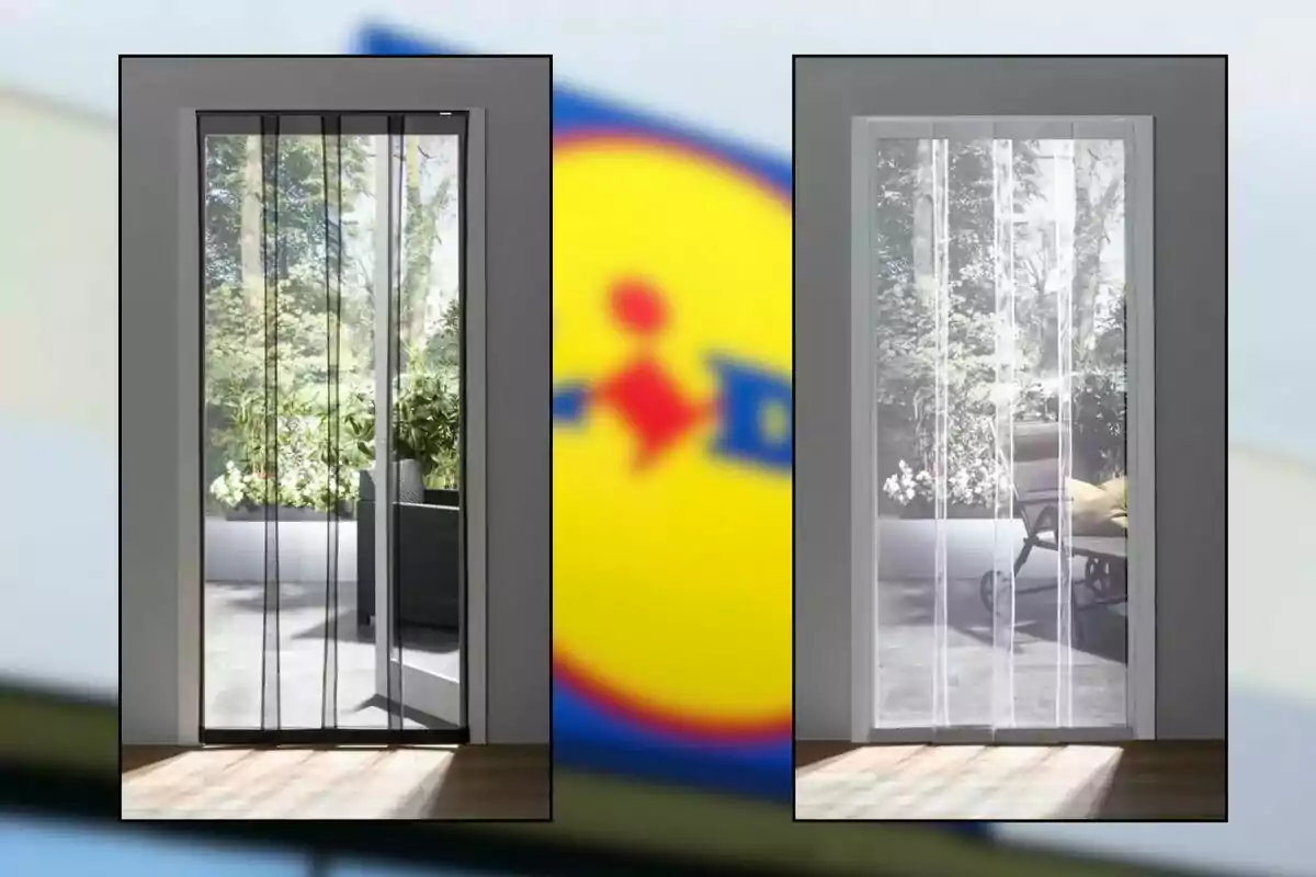 Dues portes amb mosquiteres magnètiques, una negra i una altra blanca, instal·lades en marcs de portes amb vista a un jardí exterior i un fons desenfocat amb colors groc i blau. Dues portes amb mosquiteres magnètiques, una negra i una altra blanca, instal·lades en marcs de portes amb vista a un jardí exterior i un fons desenfocat amb colors groc i blau.