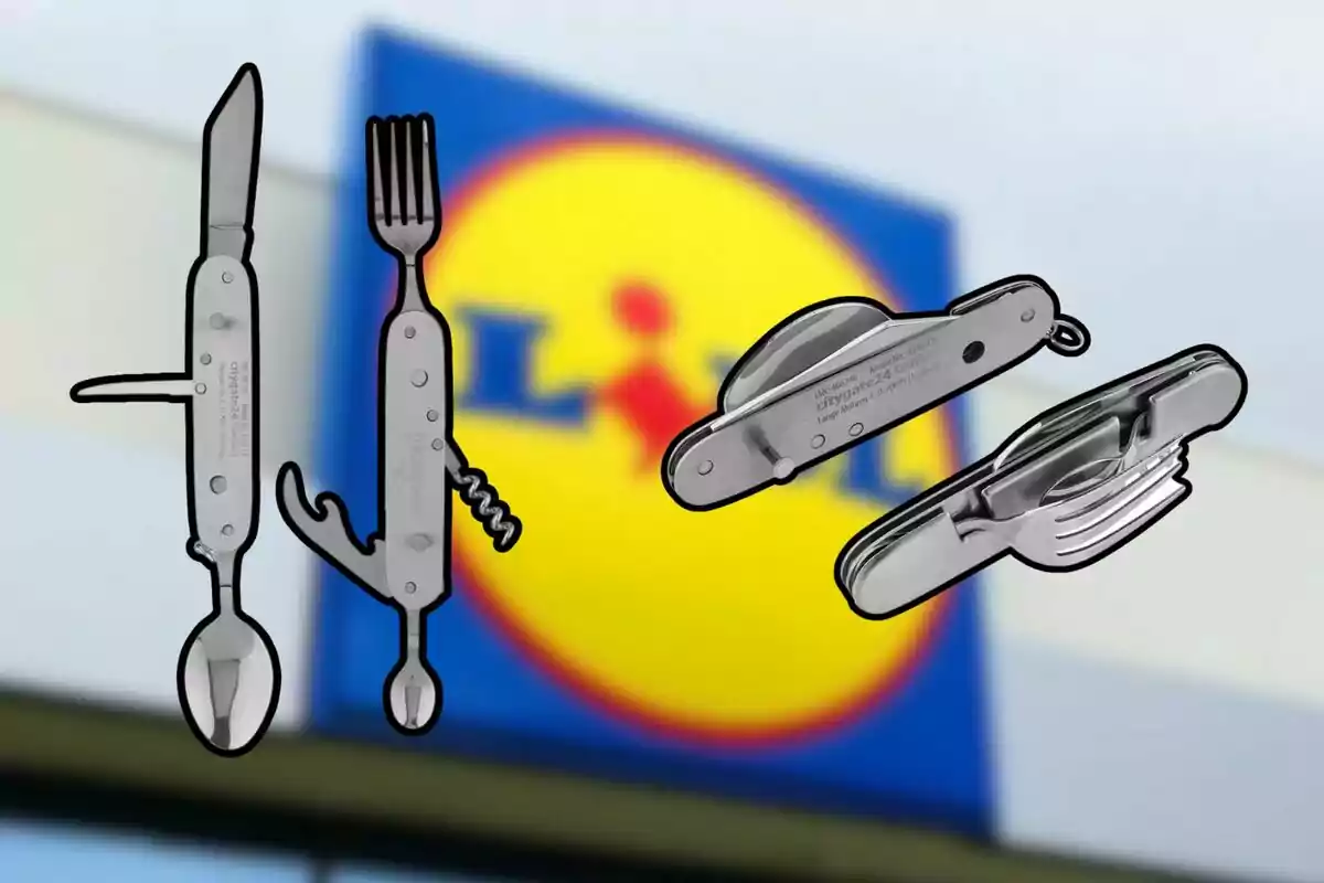 Estris de càmping multifuncionals davant d'un fons amb el logotip d'una botiga. Estris de càmping multifuncionals davant d'un fons amb el logotip d'una botiga.