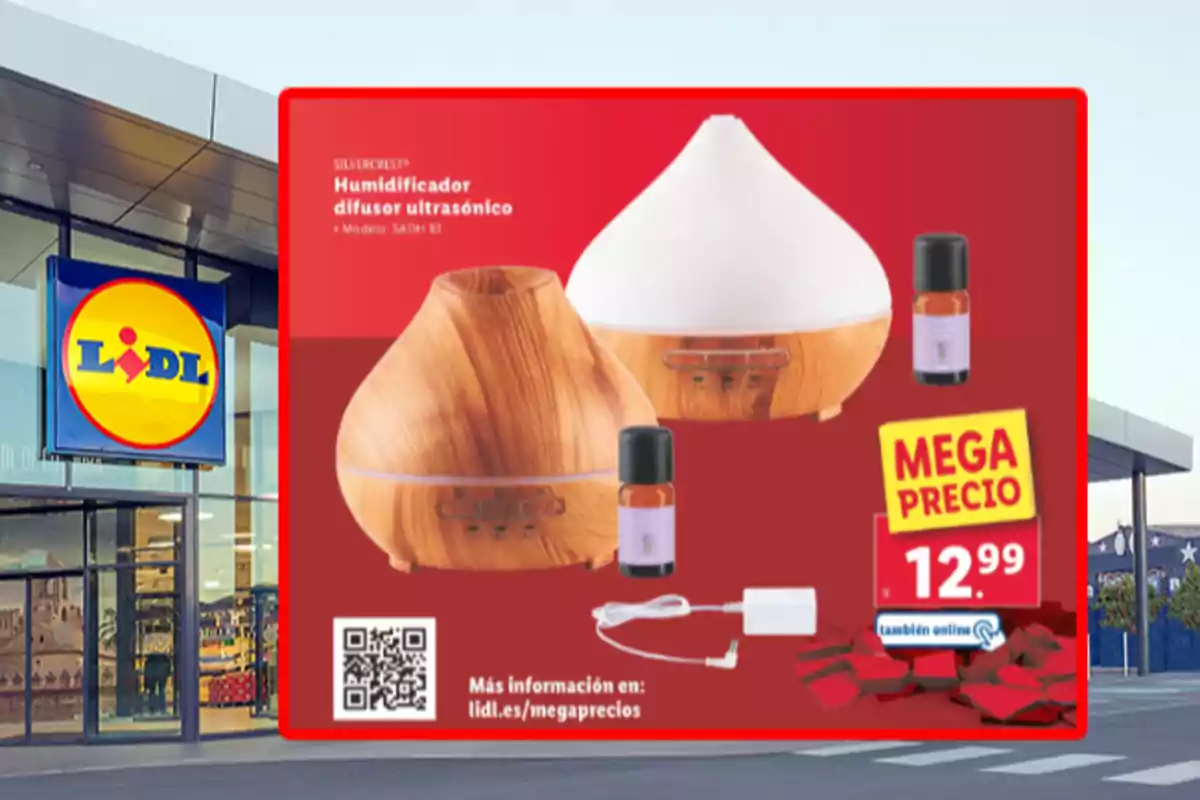 Anunci d'un humidificador difusor ultrasònic Silvercrest en oferta per 12,99 euros a Lidl, amb imatge de la botiga al fons.