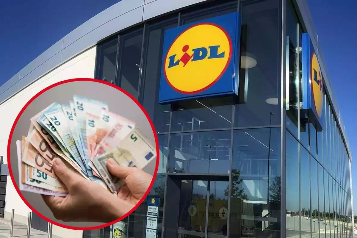 Imatge de fons d´una botiga Lidl i una altra de diversos bitllets d´euros