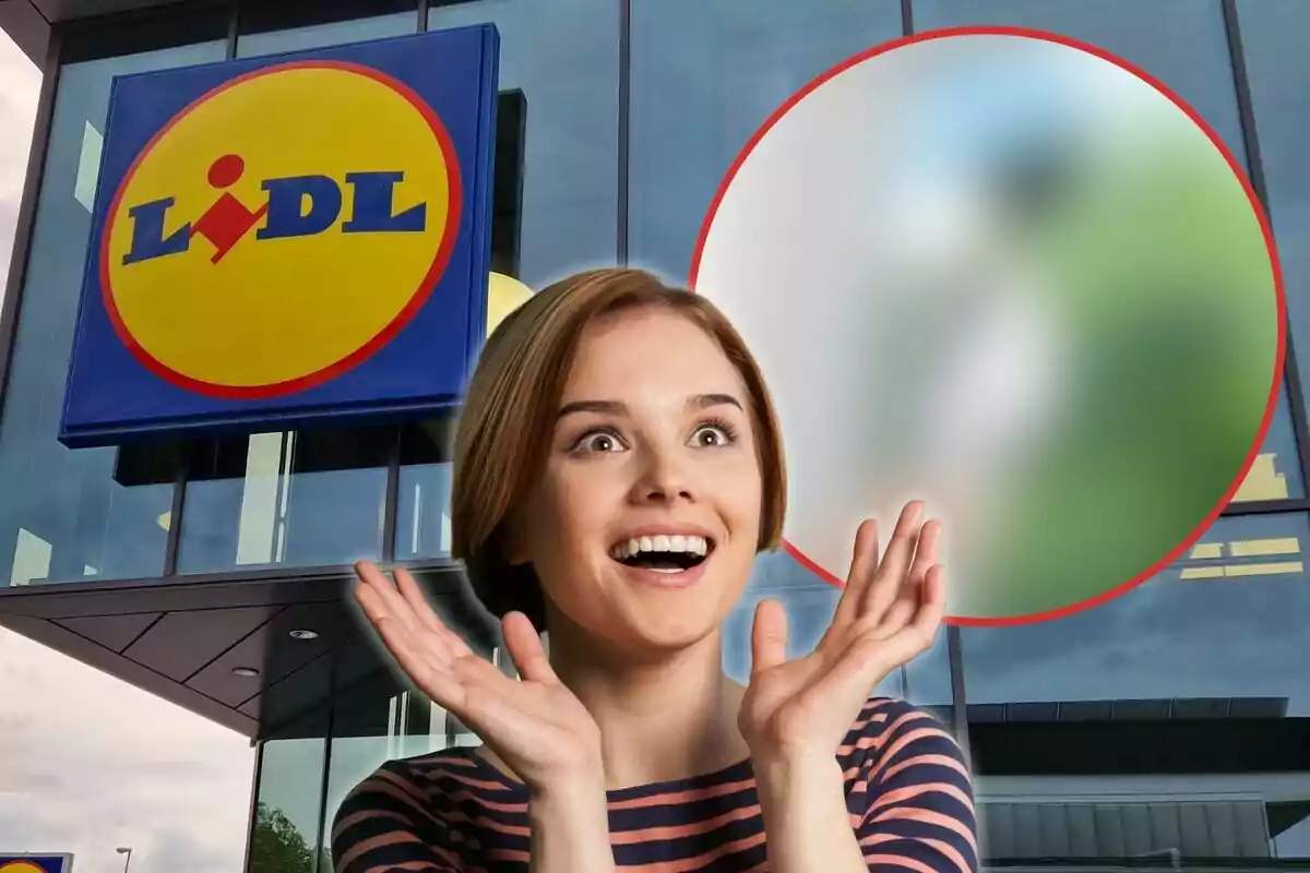 Una mujer sonriente con las manos levantadas frente a una tienda Lidl y un círculo borroso en la esquina superior derecha.