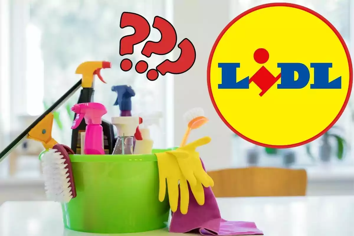 Un cub verd ple de productes de neteja i utensilis com guants i raspalls amb el logotip de Lidl a la cantonada superior dreta i signes d'interrogació en vermell.