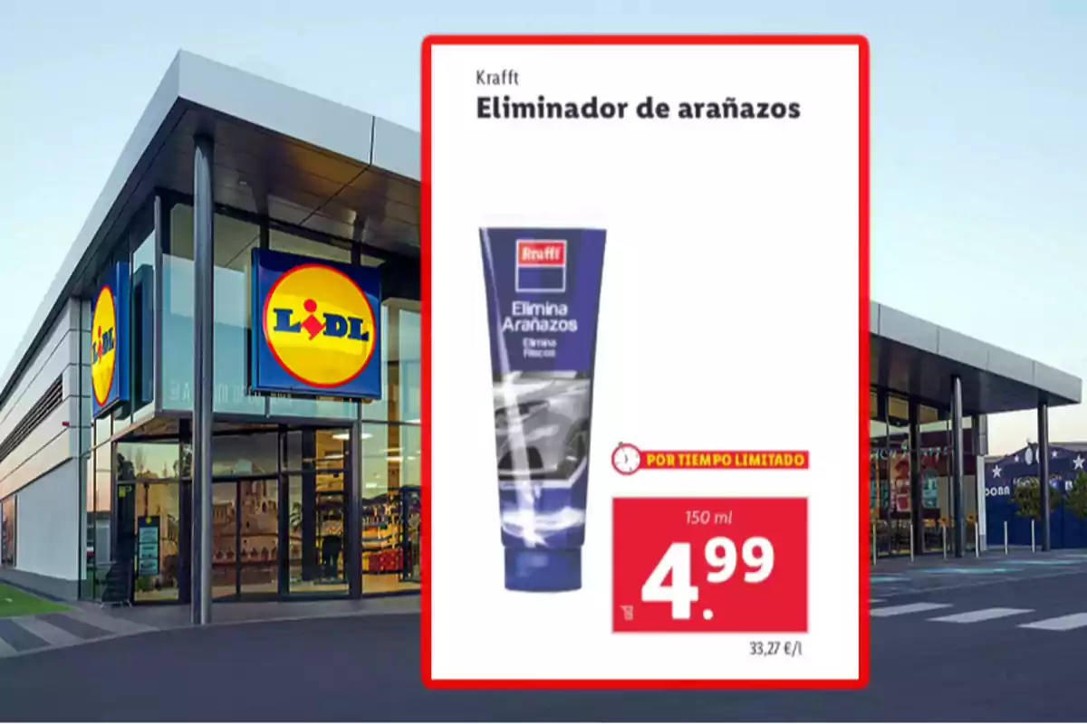 Imatge d'una botiga Lidl amb un anunci d'un eliminador de ratllades de la marca Krafft en oferta per 4,99 euros.