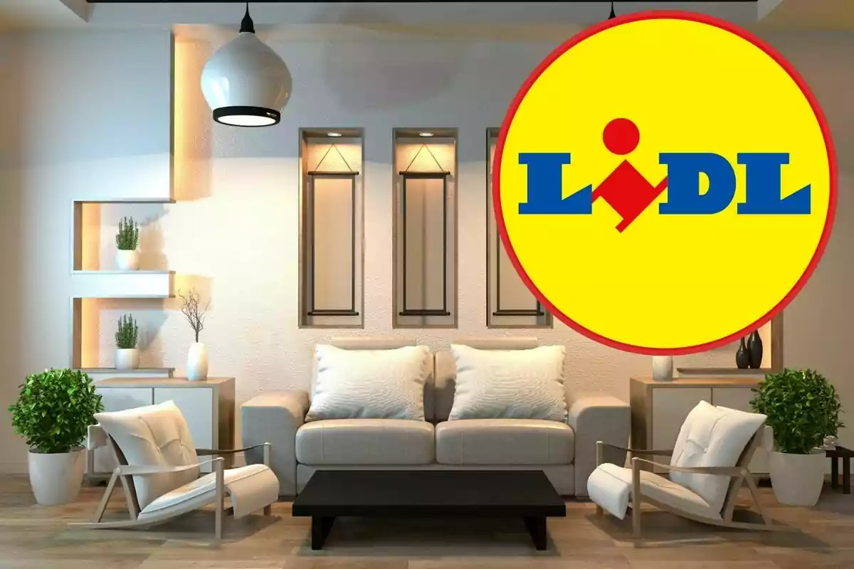 Sala d'estar moderna amb mobles minimalistes i logotip de Lidl a la part superior dreta. Sala d'estar moderna amb mobles minimalistes i logotip de Lidl a la part superior dreta.