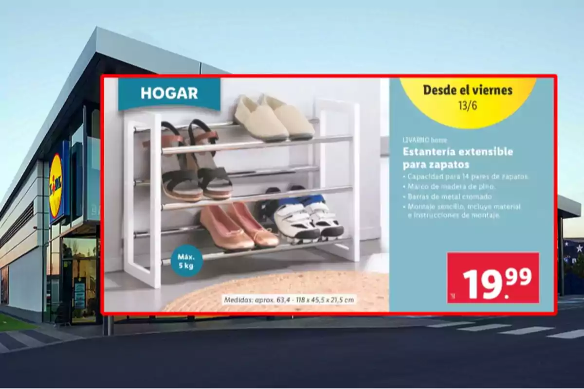 Publicitat d’una prestatgeria extensible per a sabates de la marca Livarno home en una botiga Lidl amb capacitat per a 14 parells, marc de fusta de pi i barres de metall cromat, disponible a partir del 13 de juny a un preu de 19,99 euros.