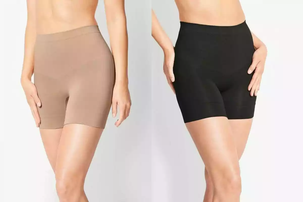 Dues dones amb faixes tipus pantaló en colors beix i negre sobre un fons clar Dues dones amb faixes tipus pantaló en colors beix i negre sobre un fons clar