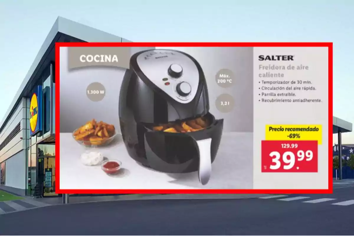 Imatge d'una fregidora d'aire calent Salter amb característiques com temporitzador de 30 minuts, circulació d'aire ràpida, graella extraïble i recobriment antiadherent, amb un preu promocional de 39,99 euros en un supermercat. Imatge d'una fregidora d'aire calent Salter amb característiques com temporitzador de 30 minuts, circulació d'aire ràpida, graella extraïble i recobriment antiadherent, amb un preu promocional de 39,99 euros en un supermercat.