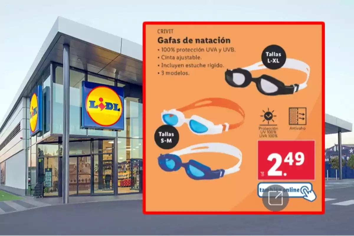 Façana d’una botiga Lidl amb un anunci d’ulleres de natació Crivit de diferents colors i talles, amb protecció UV i preu de 2,49 euros Façana d’una botiga Lidl amb un anunci d’ulleres de natació Crivit de diferents colors i talles, amb protecció UV i preu de 2,49 euros