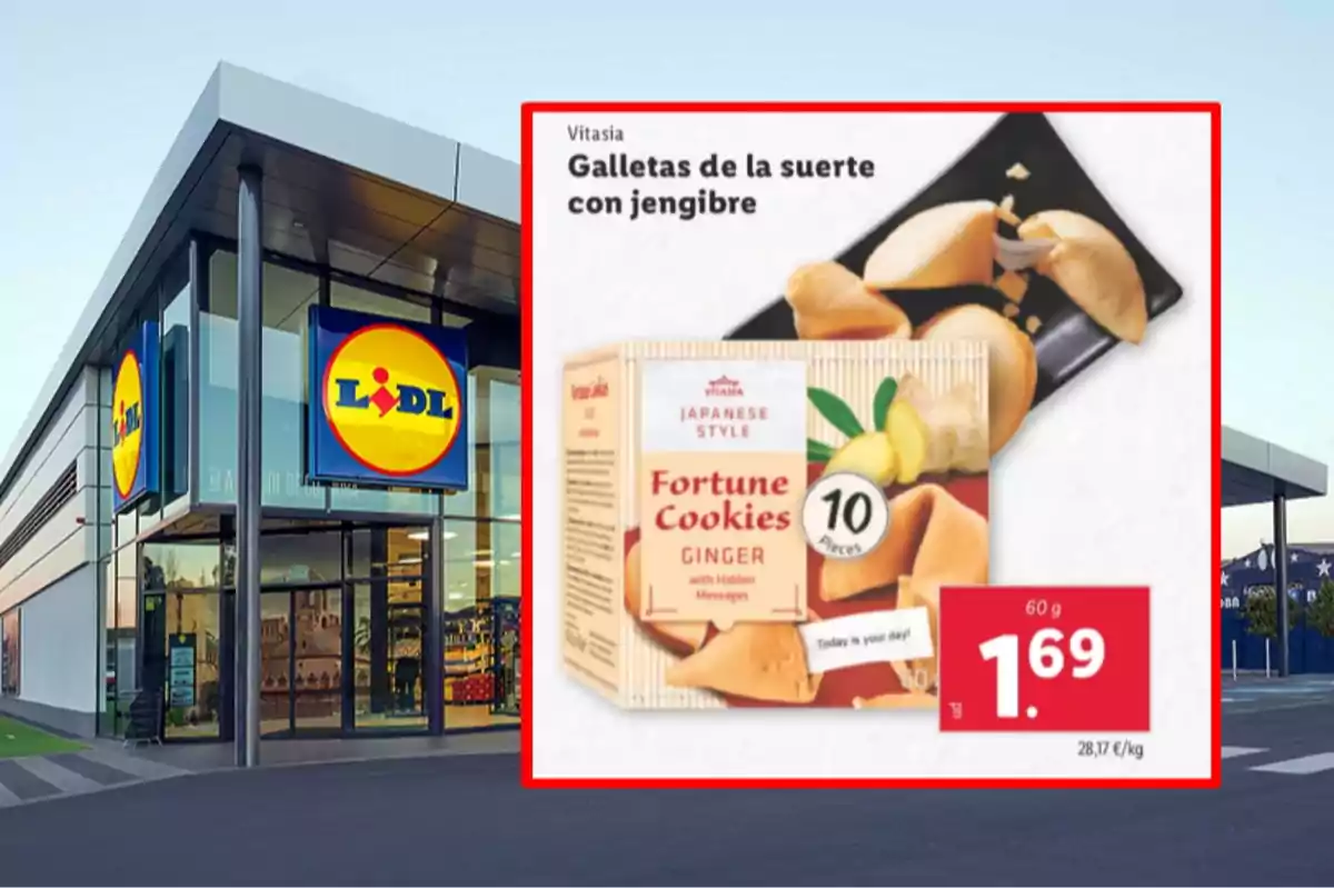 Una botiga de Lidl amb un anunci de galetes de la sort amb gingebre de la marca Vitasia, que es venen a 1,69 euros per 60 grams. Una botiga de Lidl amb un anunci de galetes de la sort amb gingebre de la marca Vitasia, que es venen a 1,69 euros per 60 grams.