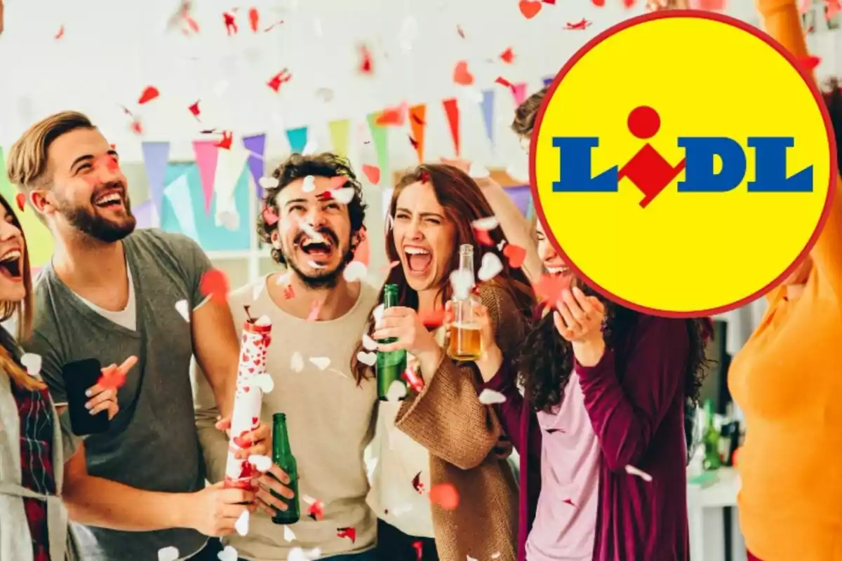 Un grup de persones celebrant amb confeti i begudes, amb un logotip de Lidl superposat.