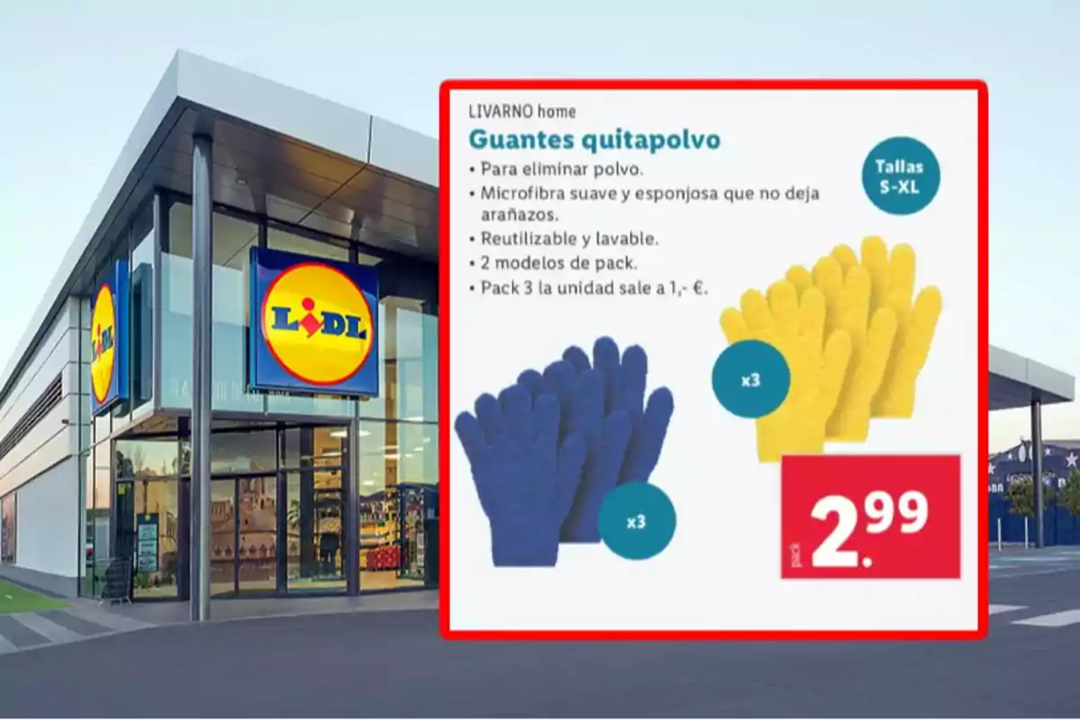 Imatge d'una botiga Lidl amb un cartell promocional de guants treu-pols Livarno Home, disponibles en colors blau i groc, fets de microfibra suau, reutilitzables i rentables, amb un preu de 2,99 euros per un paquet de tres unitats. Imatge d'una botiga Lidl amb un cartell promocional de guants treu-pols Livarno Home, disponibles en colors blau i groc, fets de microfibra suau, reutilitzables i rentables, amb un preu de 2,99 euros per un paquet de tres unitats.