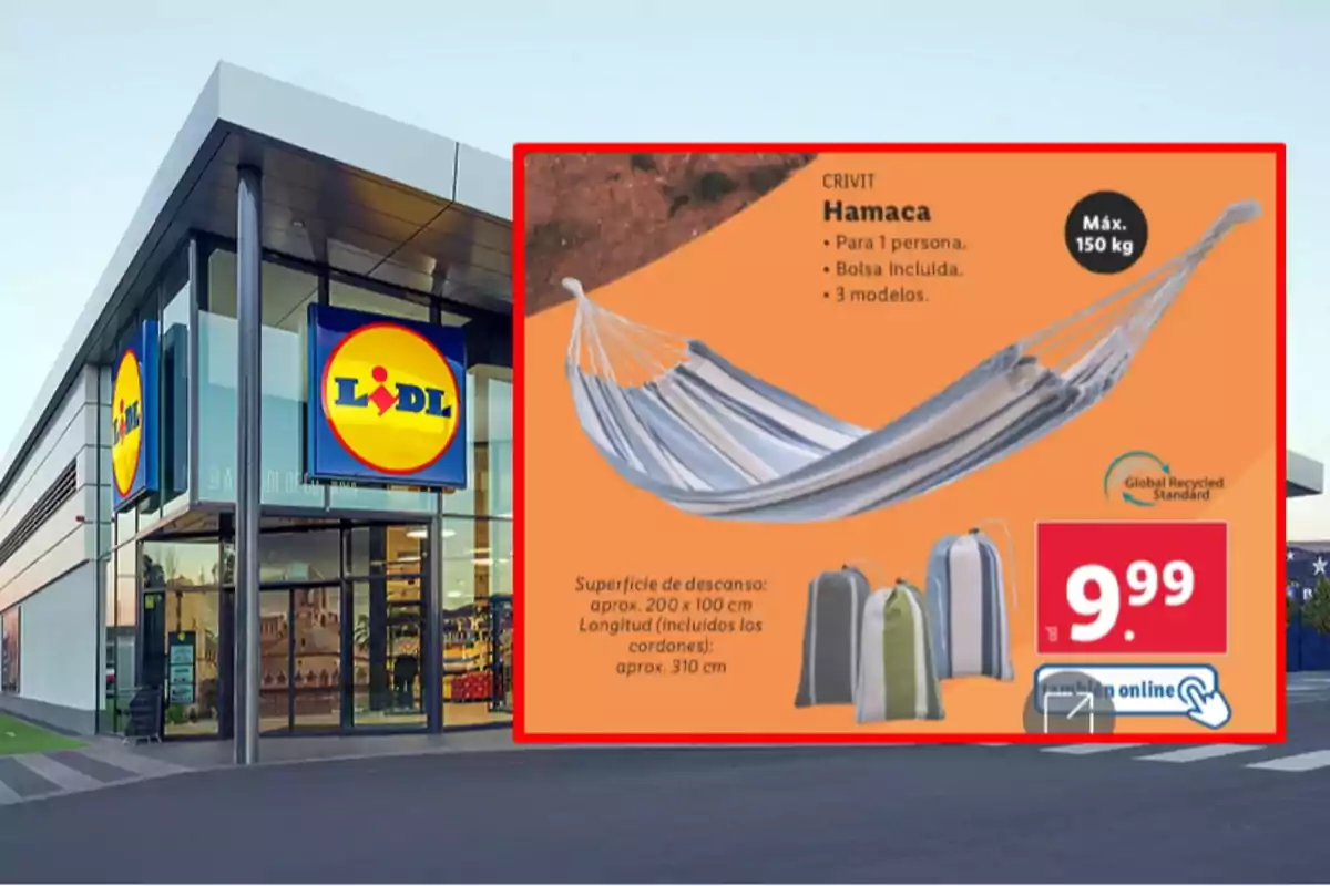 Façana d’una botiga Lidl amb un anunci d’una hamaca Crivit per a una persona en oferta a 9,99 euros Façana d’una botiga Lidl amb un anunci d’una hamaca Crivit per a una persona en oferta a 9,99 euros