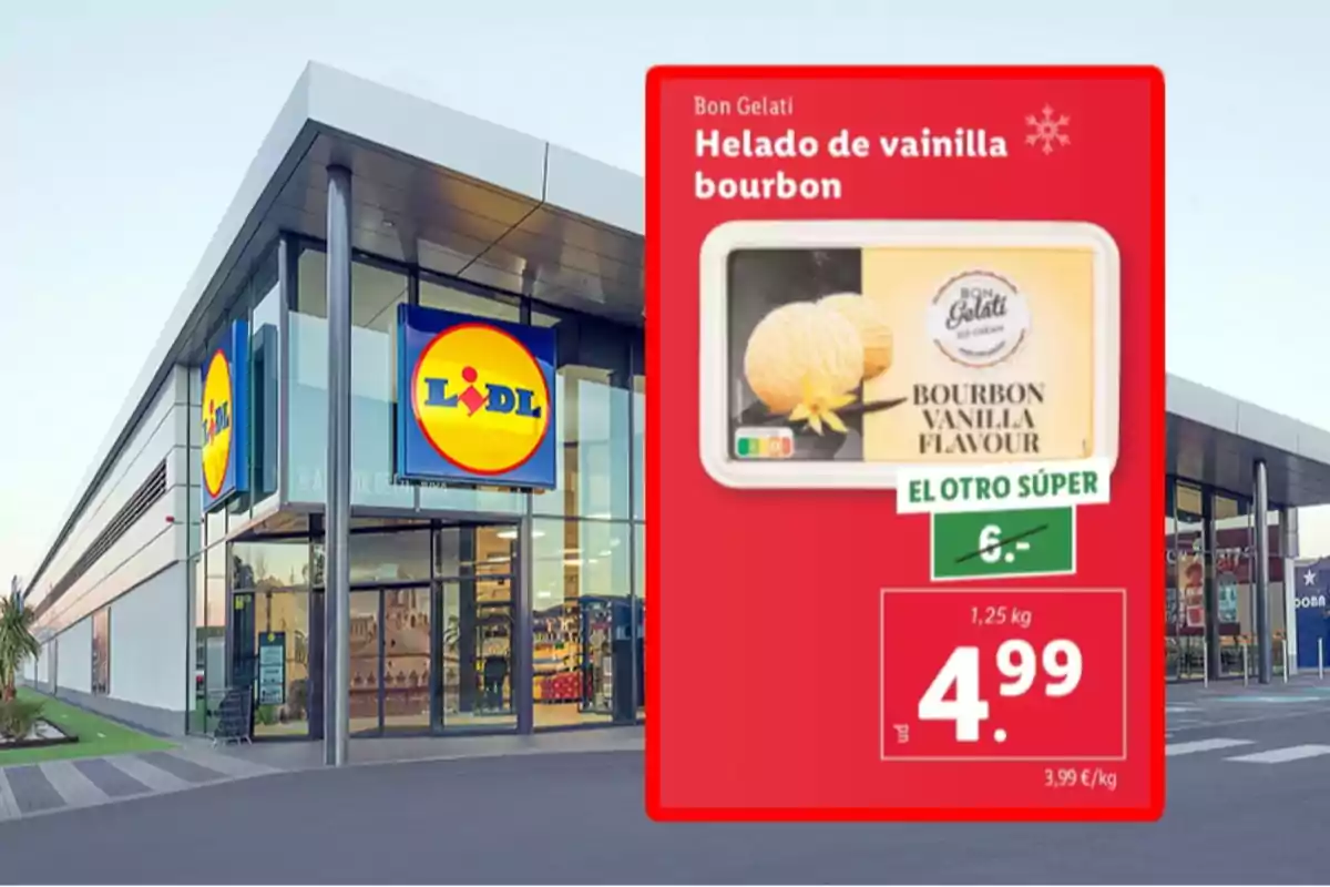 Façana d’un supermercat Lidl amb una promoció de gelat de vainilla bourbon Bon Gelati a 4,99 euros per 1,25 kg destacada en un cartell vermell Façana d’un supermercat Lidl amb una promoció de gelat de vainilla bourbon Bon Gelati a 4,99 euros per 1,25 kg destacada en un cartell vermell