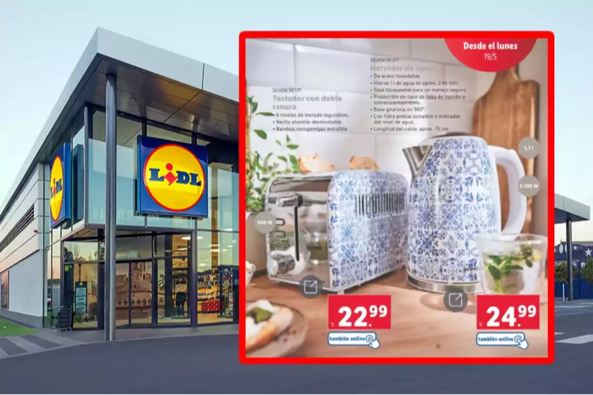 Façana d'una botiga Lidl amb un cartell promocional que mostra una torradora i un bullidor d'aigua amb disseny floral blau, al costat dels seus preus. Façana d'una botiga Lidl amb un cartell promocional que mostra una torradora i un bullidor d'aigua amb disseny floral blau, al costat dels seus preus.