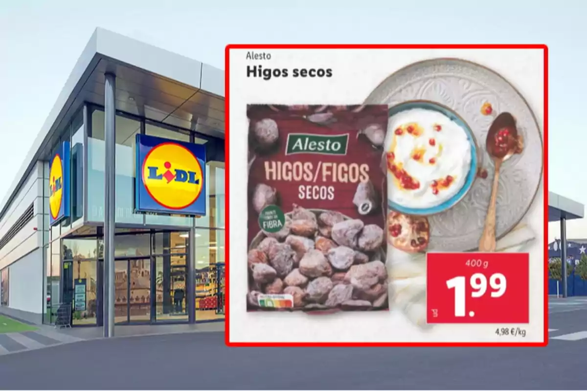 Façana d’una botiga Lidl amb un anunci de figues seques Alesto en oferta per 1,99 euros el paquet de 400 grams al costat d’un plat de iogurt amb fruita i una cullera