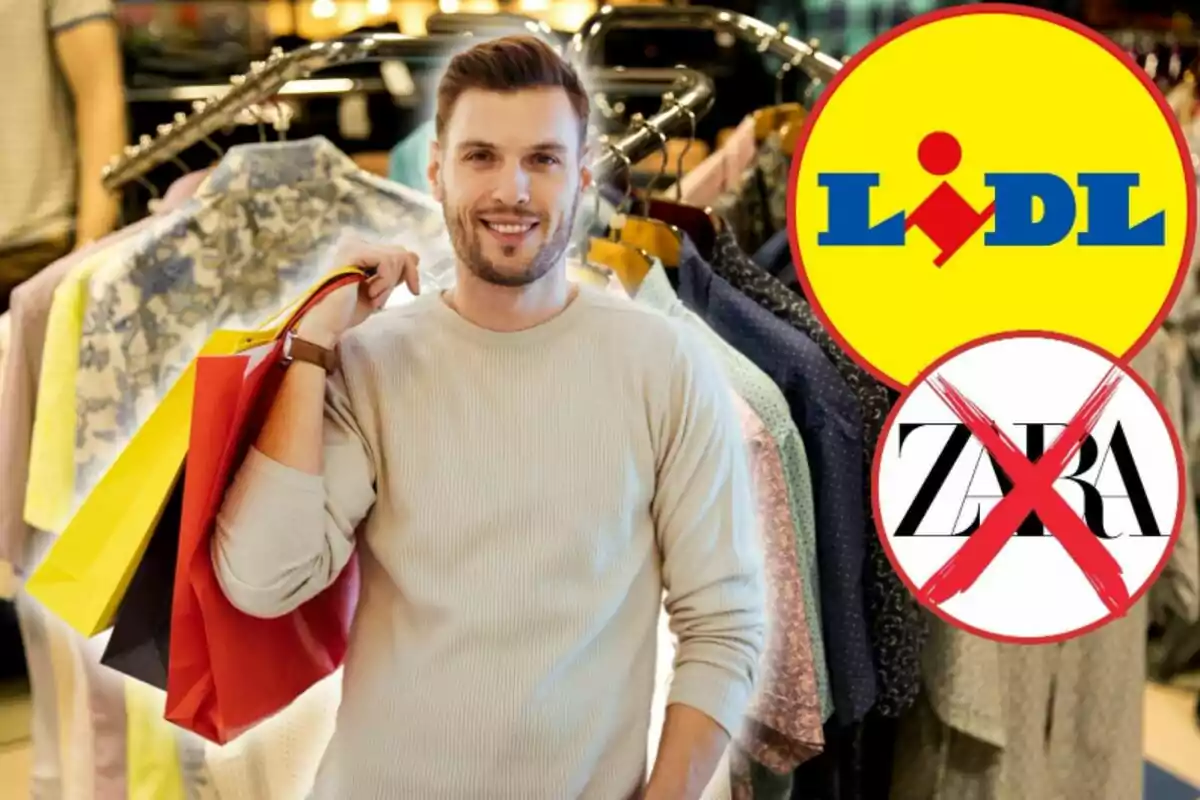 Home somrient amb bosses de compra davant d’un penja-robes amb roba i els logotips de Lidl i Zara, aquest darrer ratllat