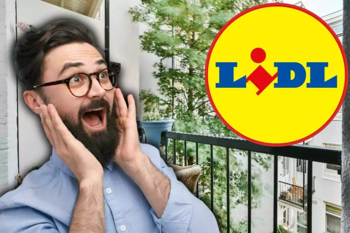 Un home amb barba i ulleres sembla sorprès mentre està en un balcó, al costat d'un logotip de Lidl.