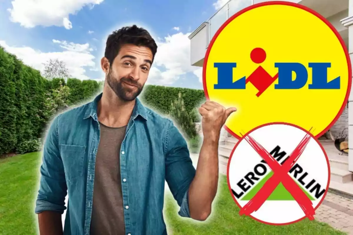 Home somrient en un jardí assenyalant el logotip de Lidl mentre el logotip de Leroy Merlin apareix ratllat