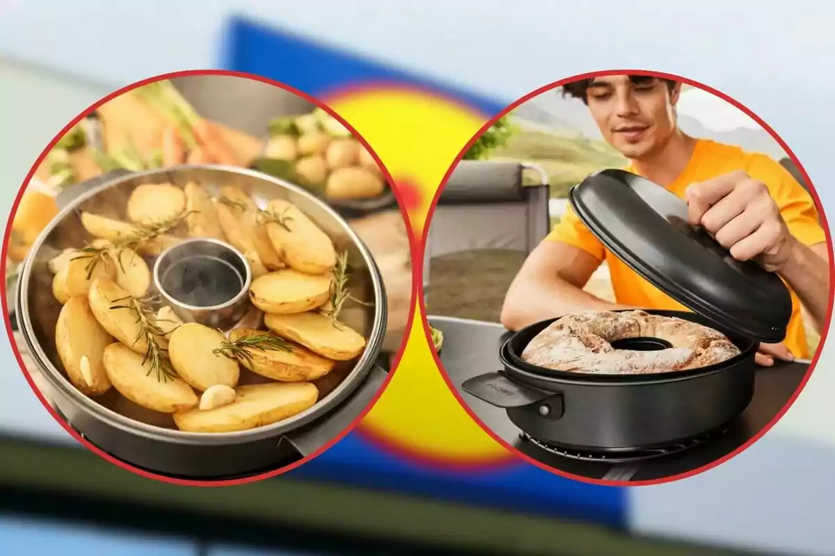 Dues imatges circulars mostren una olla amb patates rostides i romaní i una persona aixecant la tapa d’una olla amb un pa en forma d’anella. Dues imatges circulars mostren una olla amb patates rostides i romaní i una persona aixecant la tapa d’una olla amb un pa en forma d’anella.