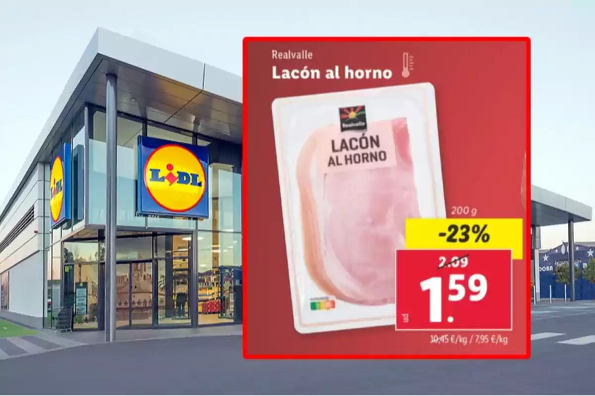 Façana d’un supermercat Lidl amb un cartell promocional de lacó al forn Realvalle en oferta amb un descompte del 23 per cent i un preu d’1,59 euros Façana d’un supermercat Lidl amb un cartell promocional de lacó al forn Realvalle en oferta amb un descompte del 23 per cent i un preu d’1,59 euros