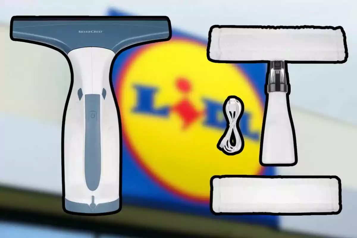 Imatge d´un netejador de finestres SilverCrest amb accessoris, amb el logotip de Lidl de fons. Imatge d´un netejador de finestres SilverCrest amb accessoris, amb el logotip de Lidl de fons.