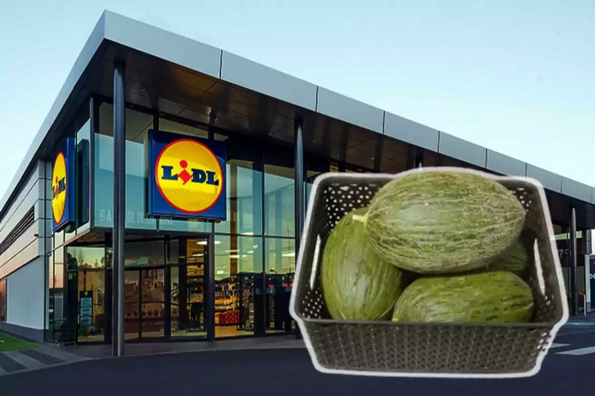 Façana d´una botiga Lidl amb una cistella de melons en primer pla.