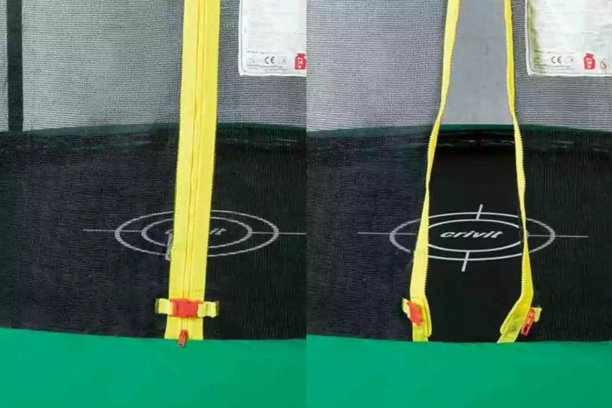 Tancament de seguretat groc d’una xarxa per a trampolí mostrat en dues posicions: una amb el tancament tancat i una altra amb el tancament obert. Tancament de seguretat groc d’una xarxa per a trampolí mostrat en dues posicions: una amb el tancament tancat i una altra amb el tancament obert.