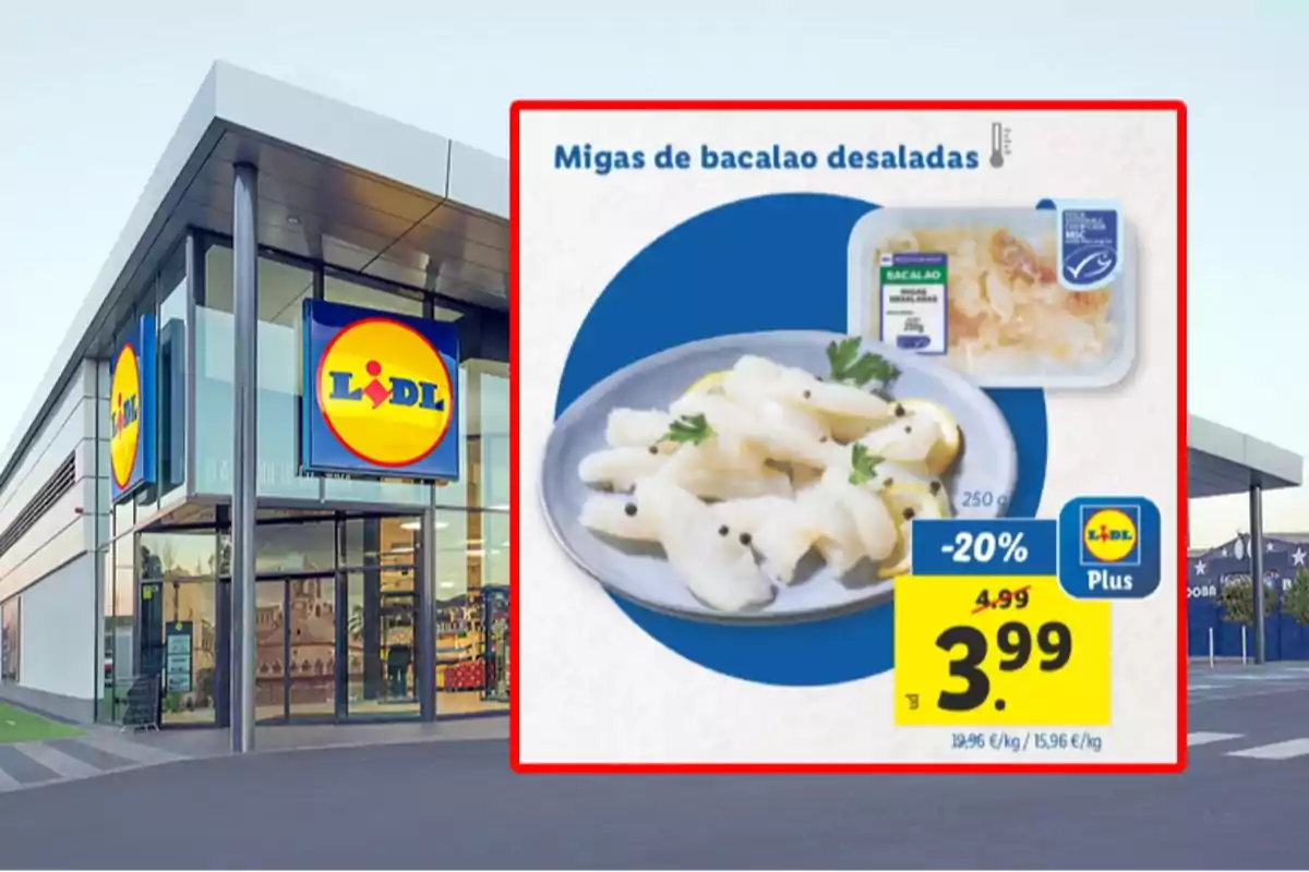 Façana de supermercat Lidl amb un cartell promocional de molles de bacallà dessalat en oferta Façana de supermercat Lidl amb un cartell promocional de molles de bacallà dessalat en oferta
