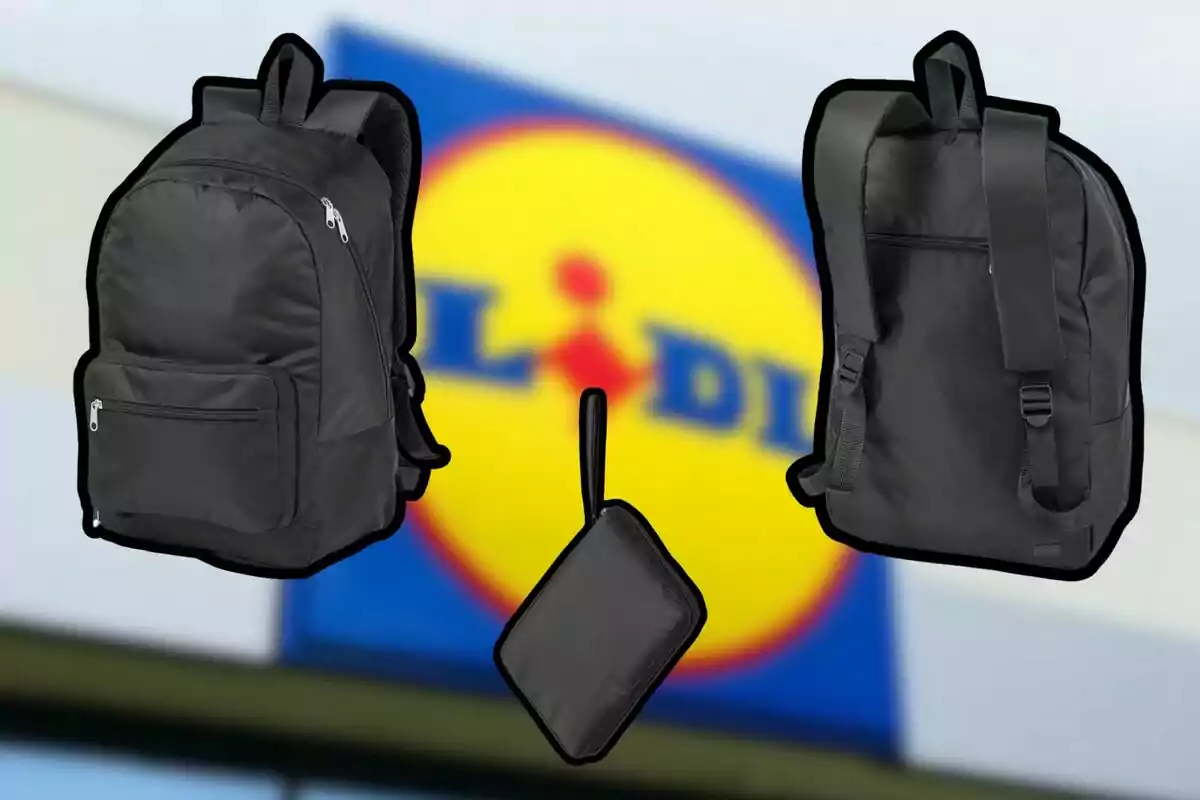 Motxilla negra i estoig petit davant d’un cartell borros de la botiga Lidl Motxilla negra i estoig petit davant d’un cartell borros de la botiga Lidl