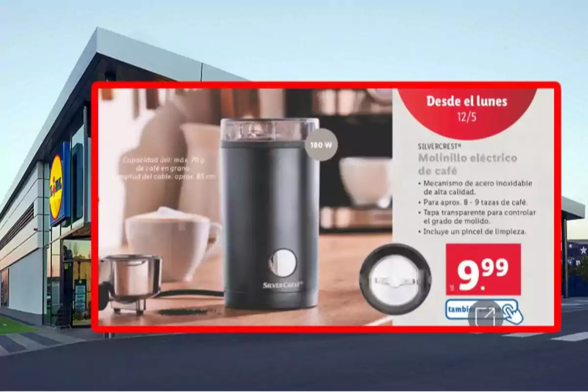 Anunci d'un molinet elèctric de cafè SilverCrest amb capacitat per a 70 g de cafè en gra, potència de 180 W, tapa transparent i pinzell de neteja, disponible a partir de dilluns 12/5 per 9,99 euros en una botiga. Anunci d'un molinet elèctric de cafè SilverCrest amb capacitat per a 70 g de cafè en gra, potència de 180 W, tapa transparent i pinzell de neteja, disponible a partir de dilluns 12/5 per 9,99 euros en una botiga.