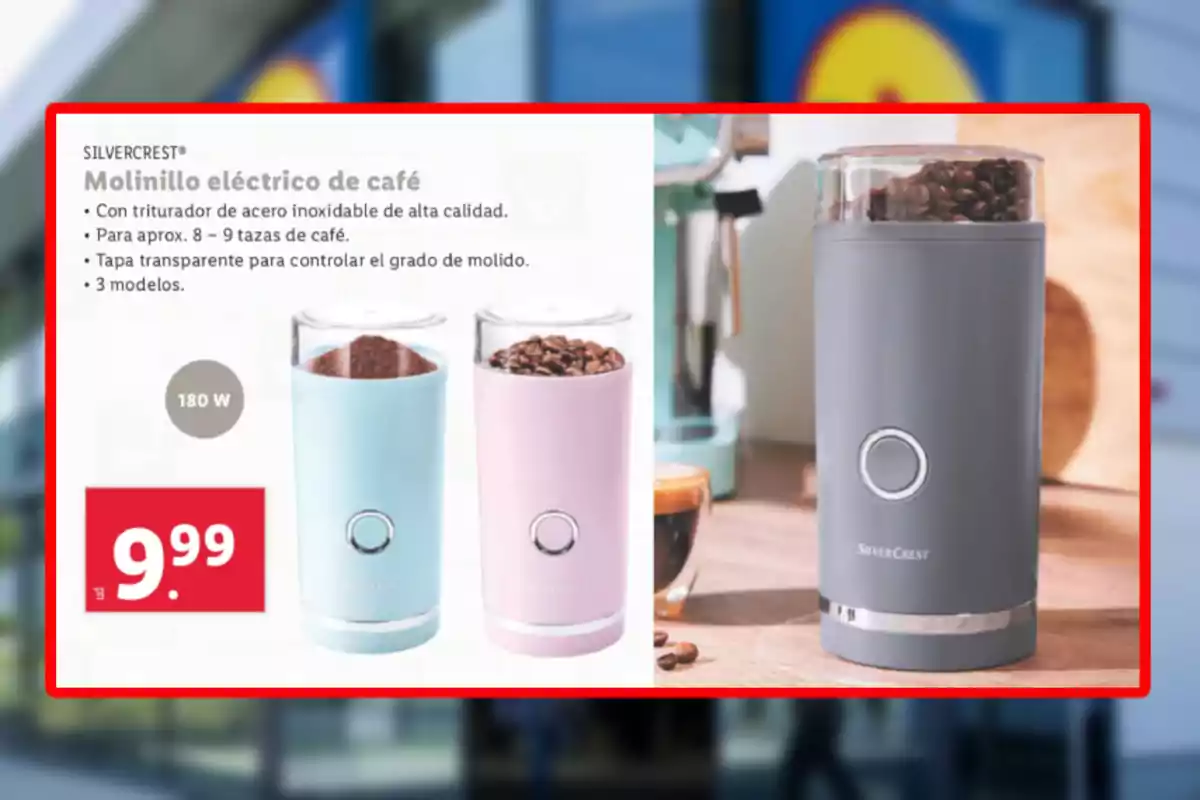Molí elèctric de cafè Silvercrest amb triturador d´acer inoxidable d´alta qualitat, capacitat per a 8-9 tasses, tapa transparent per controlar el grau de mòlt, disponible en 3 models, potència de 180 W, preu 9.99. Molí elèctric de cafè Silvercrest amb triturador d´acer inoxidable d´alta qualitat, capacitat per a 8-9 tasses, tapa transparent per controlar el grau de mòlt, disponible en 3 models, potència de 180 W, preu 9.99.